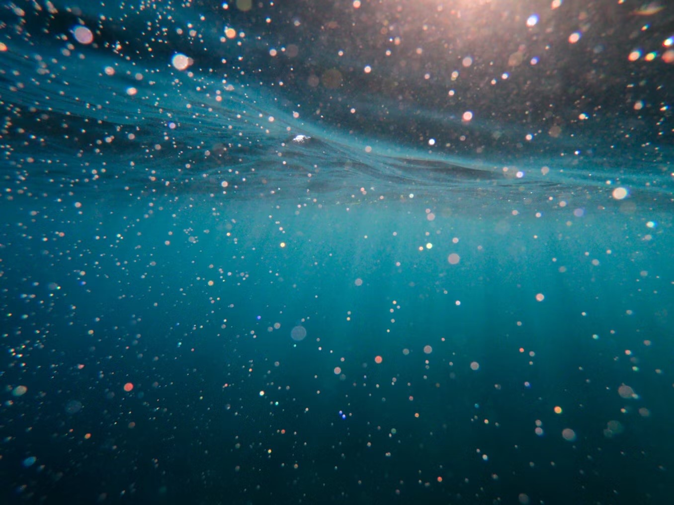 Underwater view showing floating particles and bubbles in a vibrant blue sea.