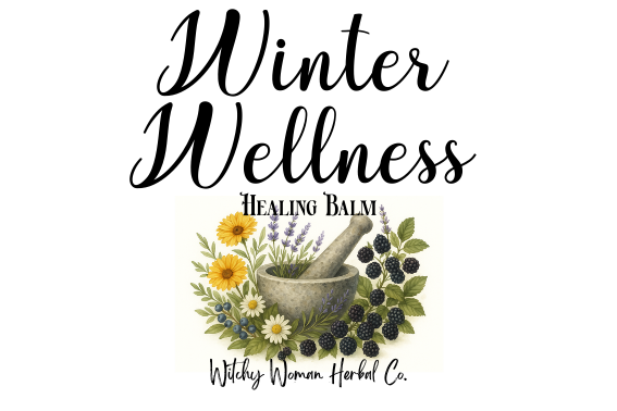 Winter Wellness Healing Balm label with herbs and flowers on a white background