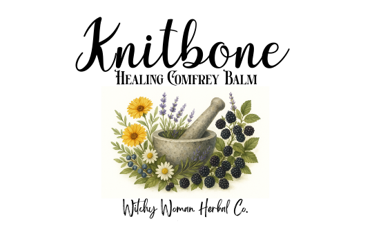 Knitbone Healing Comfrey Balm label with herbs and mortar and pestle on a white background