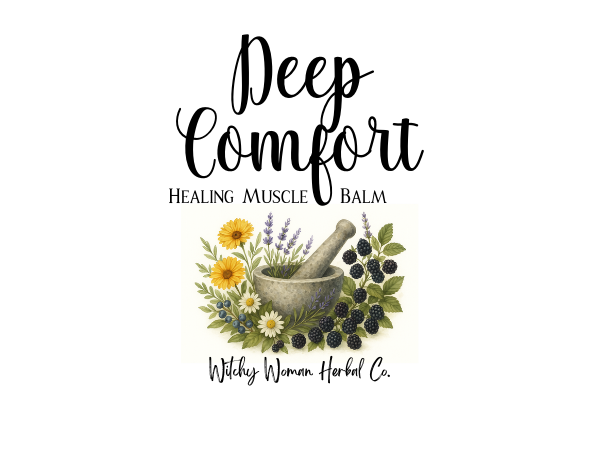 Label for 'Deep Comfort Healing Muscle Balm' by Witchy Woman Herbal Co. with a mortar and pestle, flowers, and blackberries on a white background.
