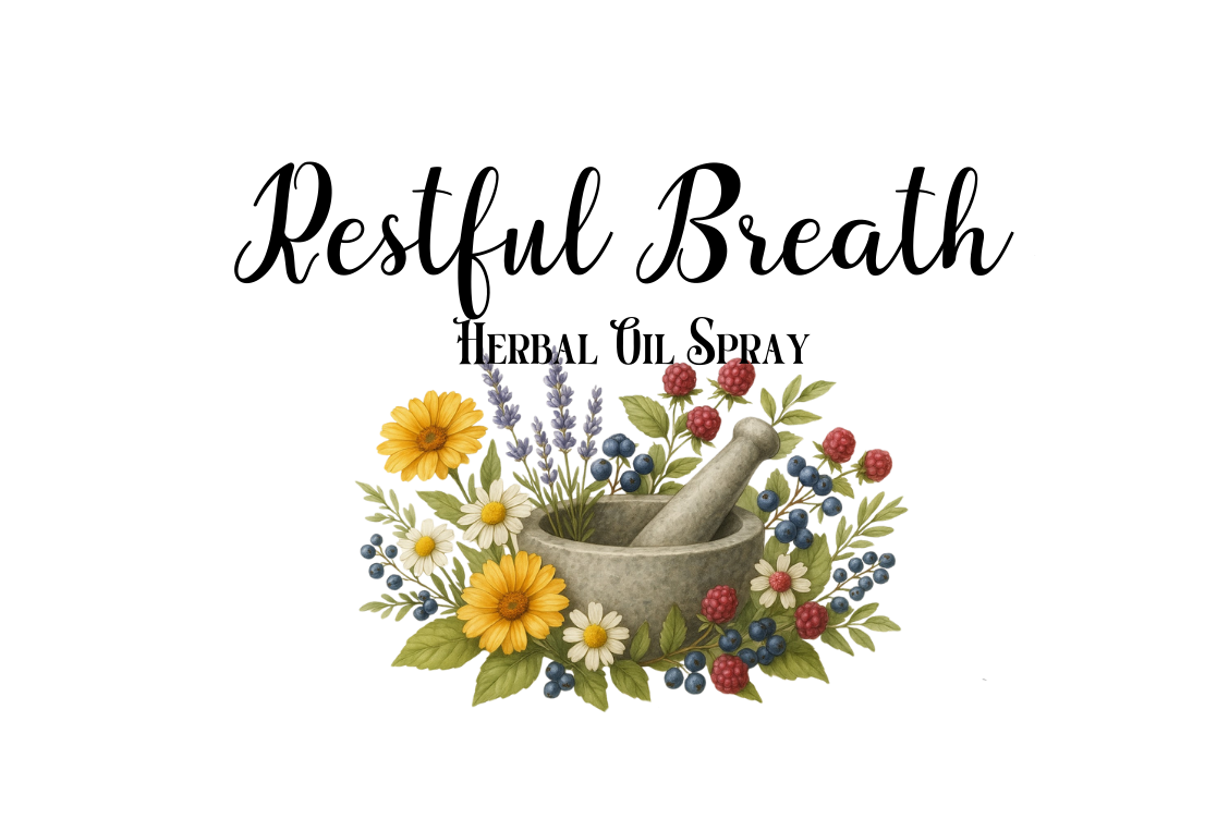 Logo for 'Restful Breath Herbal Oil Spray' with a mortar and pestle and herbs on a white background