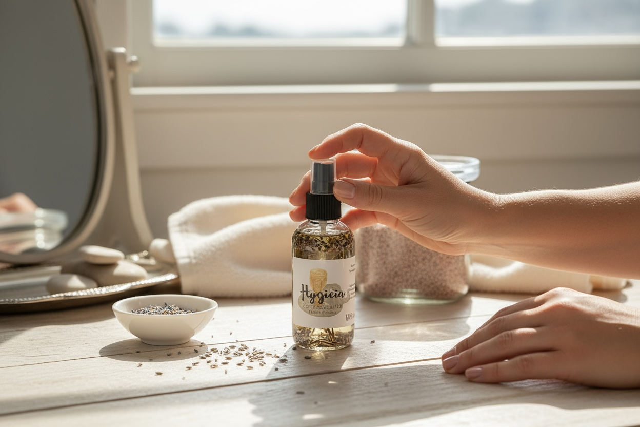 Hygieia Goddess Ritual Oil bottle being held next to lavender and a mirror in a serene setting.