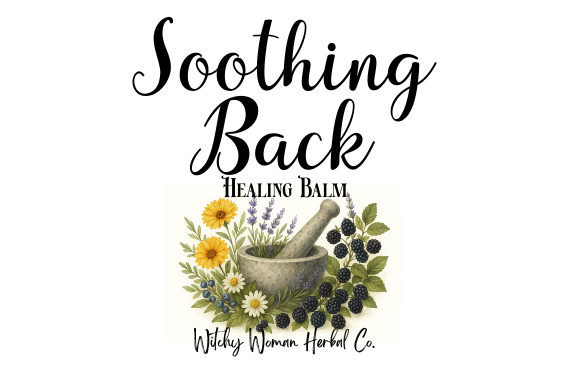 Soothing Back Healing Balm label with herbs and flowers on a white background
