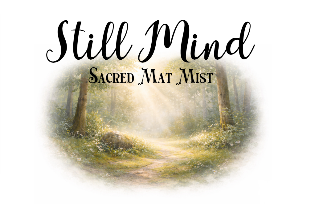 Logo for 'Still Mind Sacred Mat Mist' with a mystical forest background.