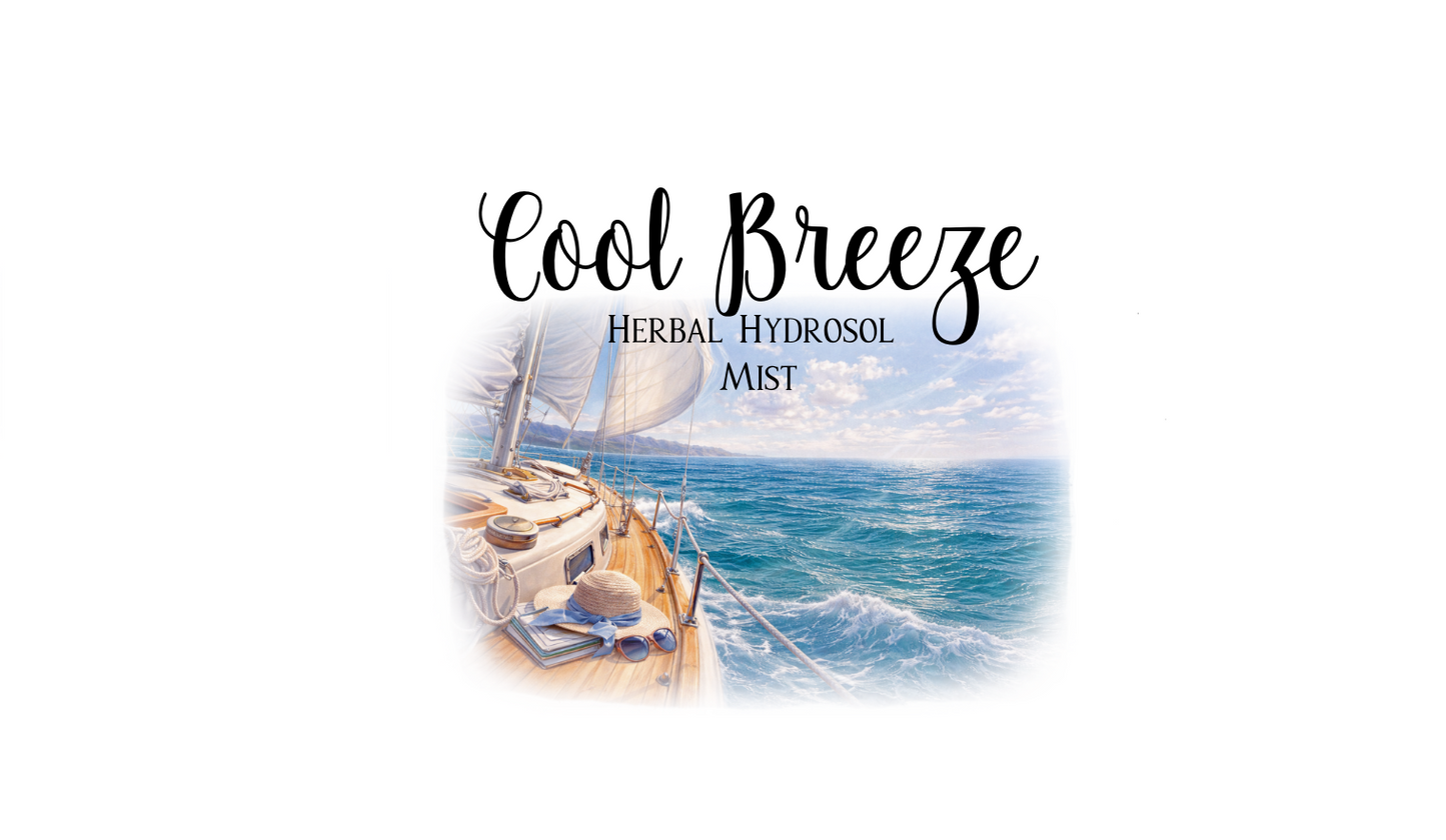 Label for 'Cool Breeze Herbal Hydrosol Mist' with a sailboat on a white background.