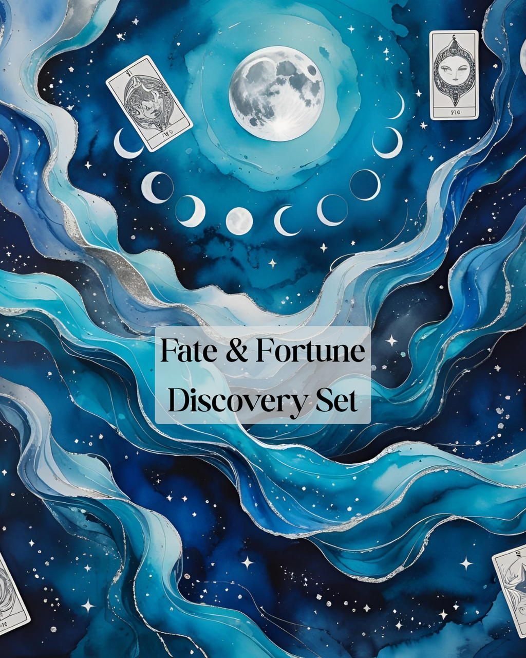 Fate & Fortune Goddess Ritual Oil Discovery Set with celestial design and tarot cards on a mystical blue background.