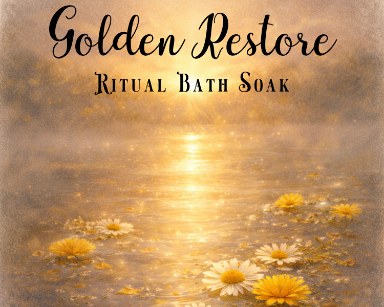 Golden Restore Ritual Bath Soak packaging with flowers and serene water background reflecting light.