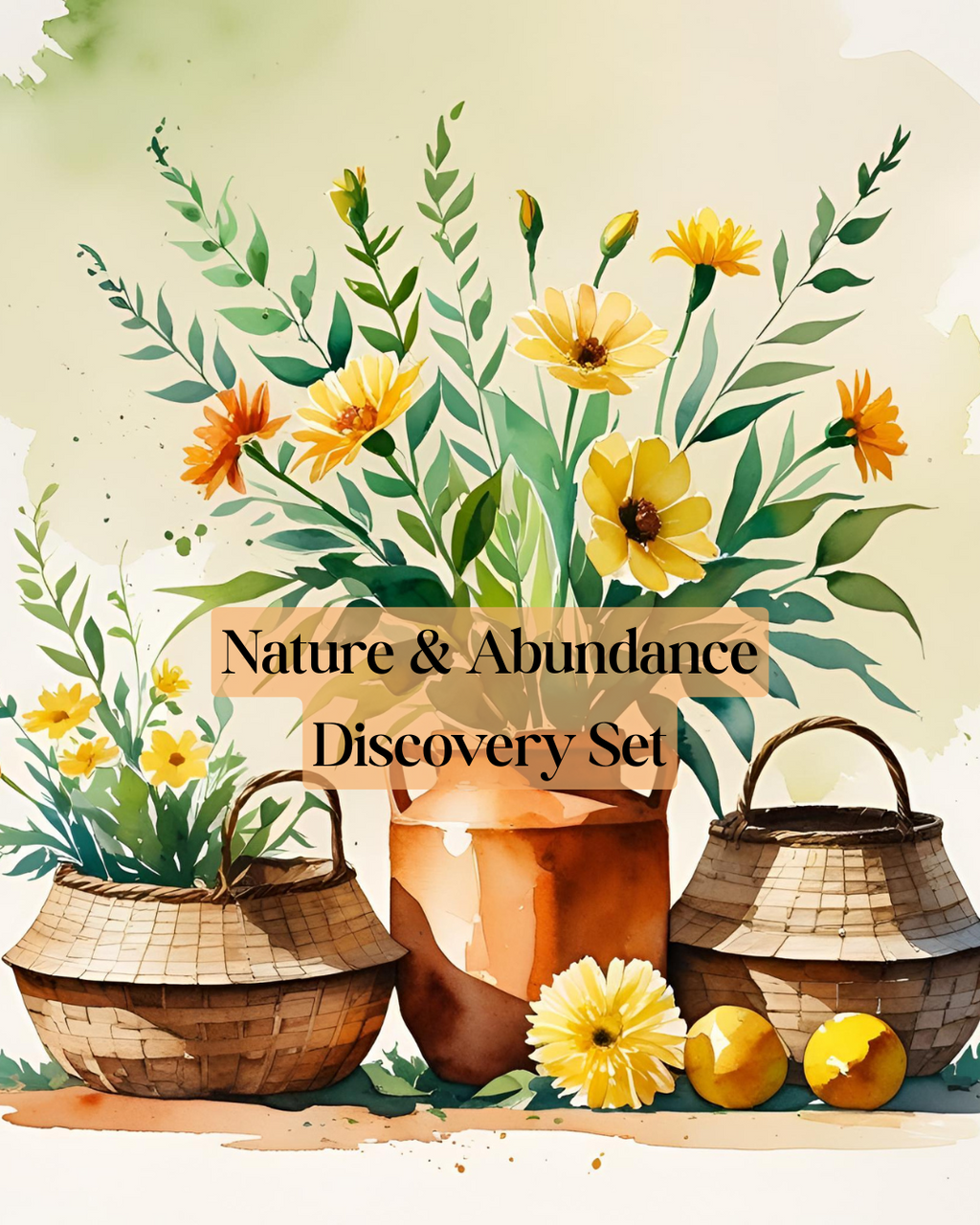Nature & Abundance Discovery Set featuring vibrant flowers and woven baskets, perfect for rituals and meditation.