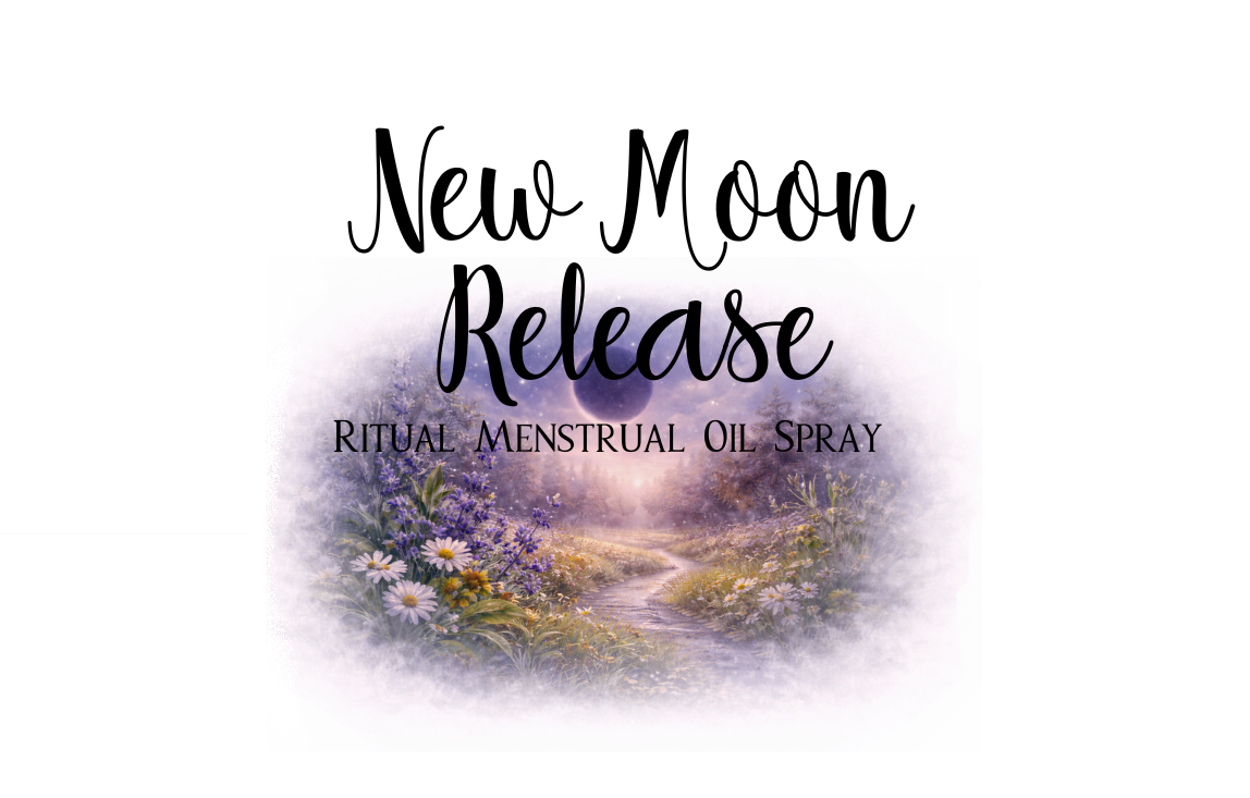 Product label for 'New Moon Release' menstrual oil spray on a white background.
