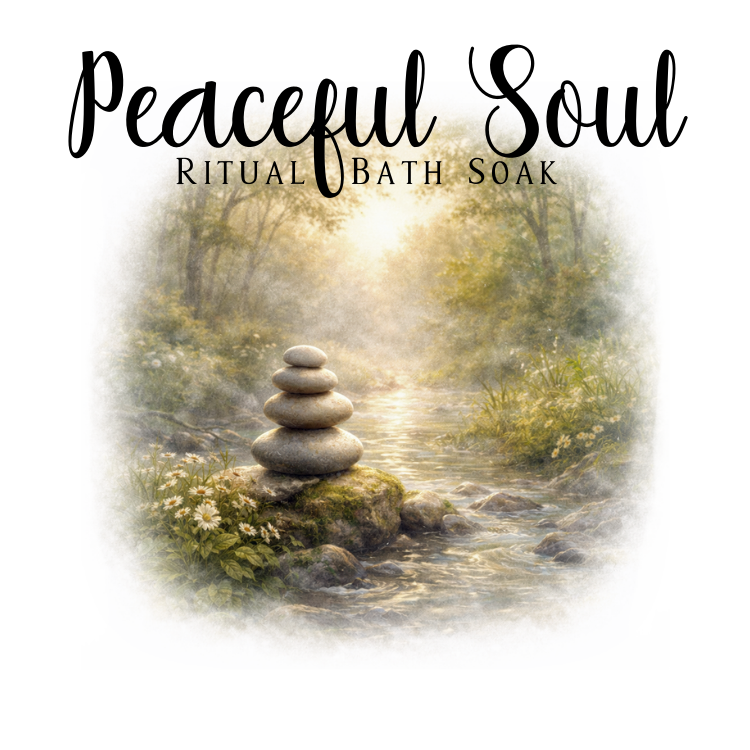 Stones stacked on a rock with a serene forest background and 'Peaceful Soul Ritual Bath Soak' text.