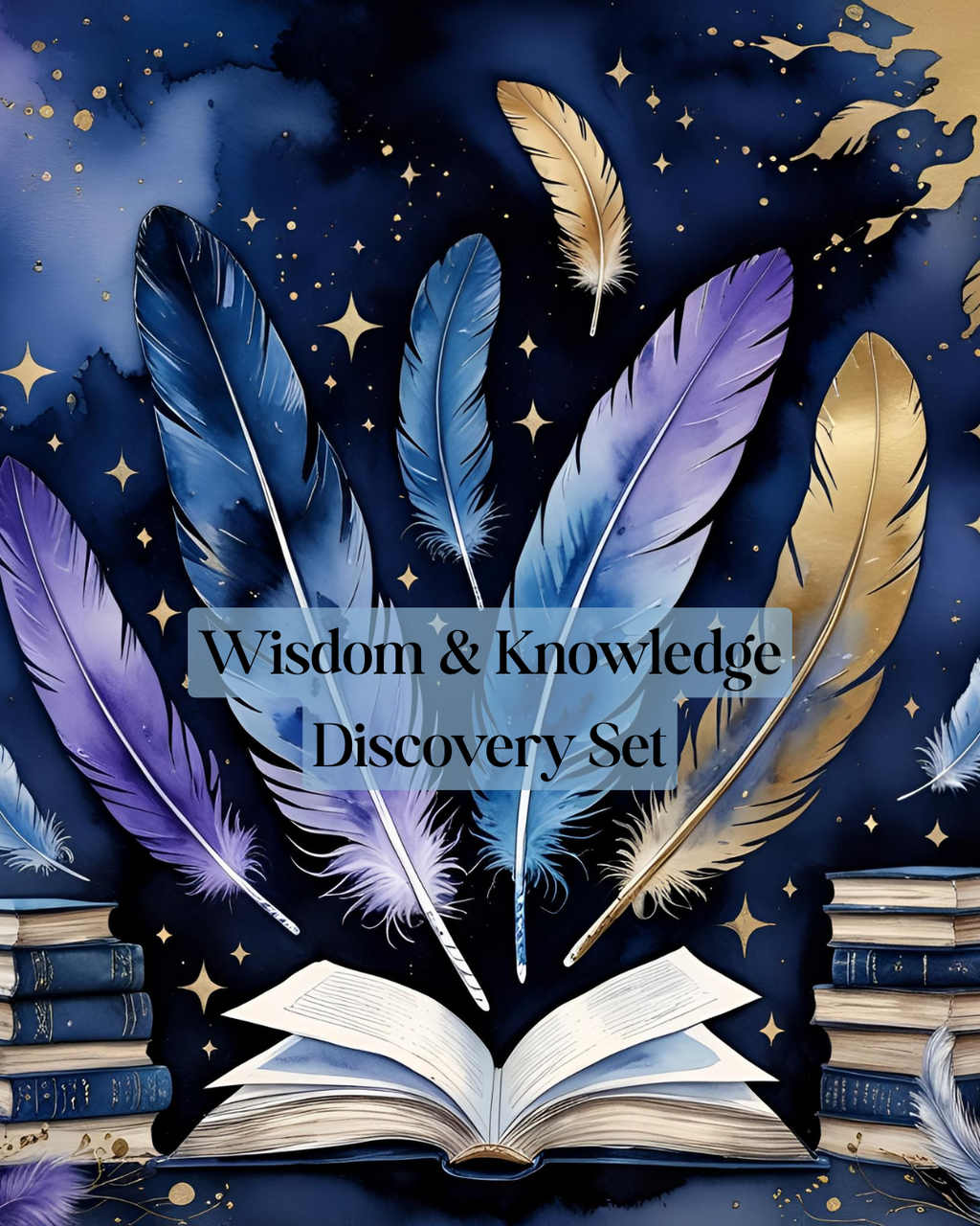 Wisdom & Knowledge Discovery Set with colorful feathers and an open book, representing divine insight and rituals.