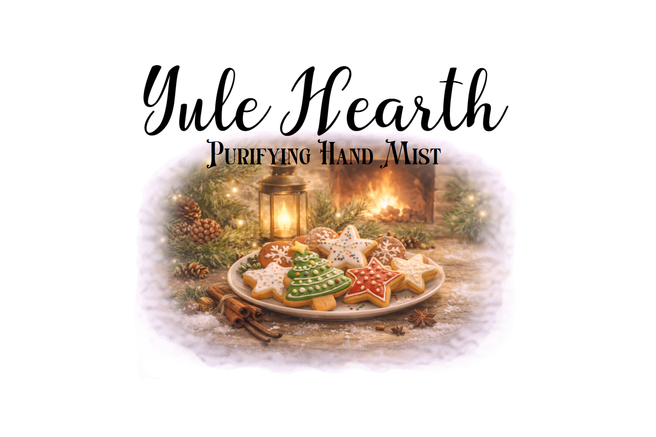 Product packaging with cookies and a candle with a fireplace in the background for Yule Hearth Purifying Hand Mist