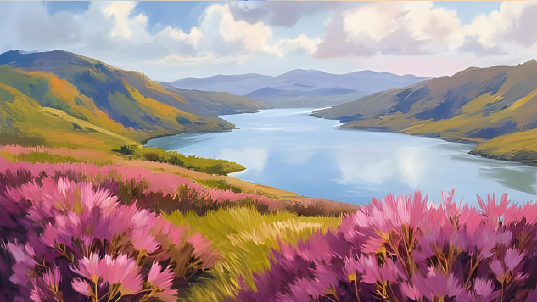 Vibrant landscape featuring a river surrounded by colorful hills and blooming pink flowers under a blue sky.