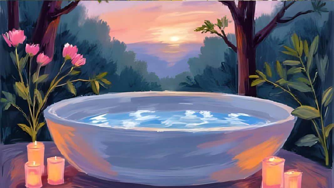 A serene outdoor bath scene with a bowl filled with water, flowers, and candles at sunset for relaxation and self-care.