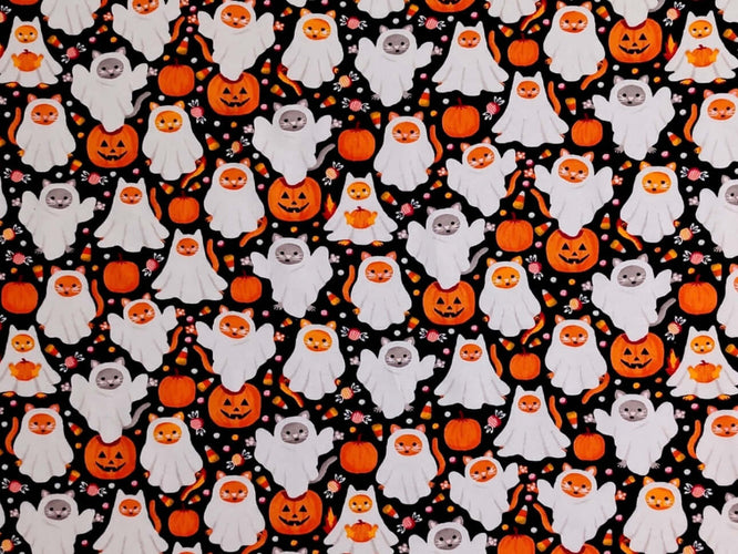 Rice heating pad made with soft cotton flannel with orange and gray cats dressed as ghosts for Halloween printed all over it - black background
