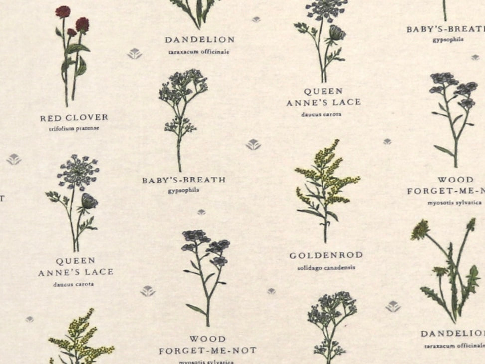 Herbal Comfort Heat Pack - Spring Patterns fabric with various botanical illustrations of flowers and herbs.