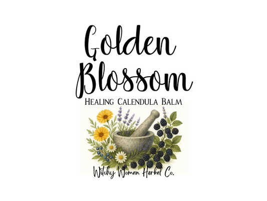Label for Golden Blossom Healing Calendula Balm with herbs and mortar and pestle on a white background