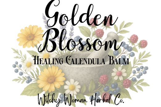 Label for Golden Blossom Healing Calendula Balm by Witchy Woman Herbal Co. with floral design on a white background.