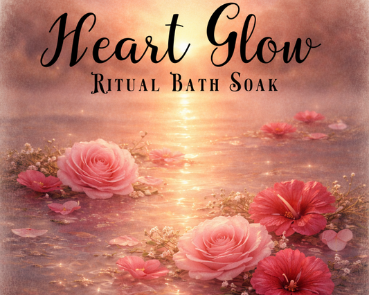 Label for 'Heart Glow Ritual Bath Soak' with pink flowers in water and sunset background.