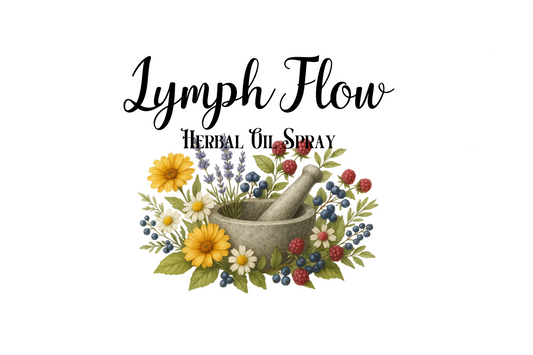 Lymph Flow herbal oil spray label with mortar and pestle and flowers on a white background