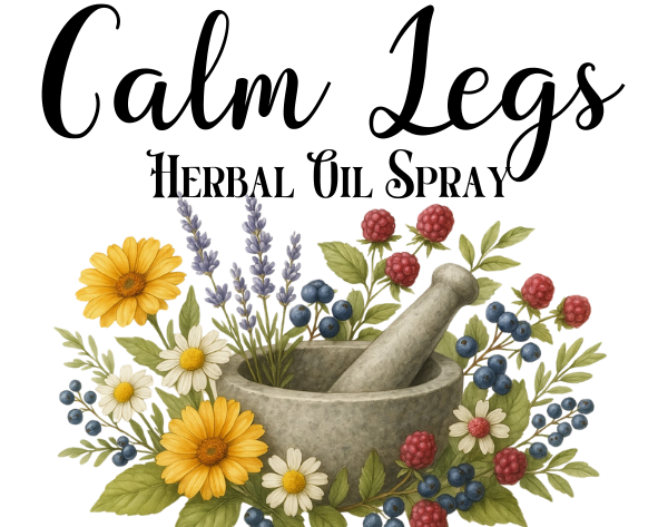Herbal oil spray advertisement with herbs and flowers on a white background