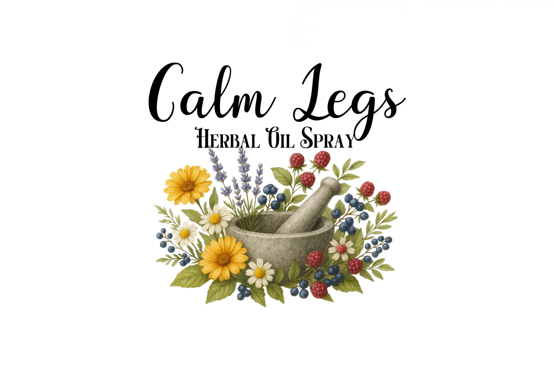 Calm Legs Herbal Oil Spray logo with a mortar and pestle and flowers on a white background