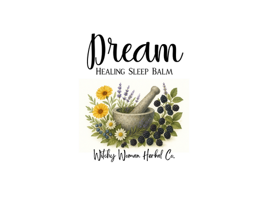 Label for Dream Healing Sleep Balm by Witchy Woman Herbal Co. featuring a mortar and pestle with herbs and flowers.