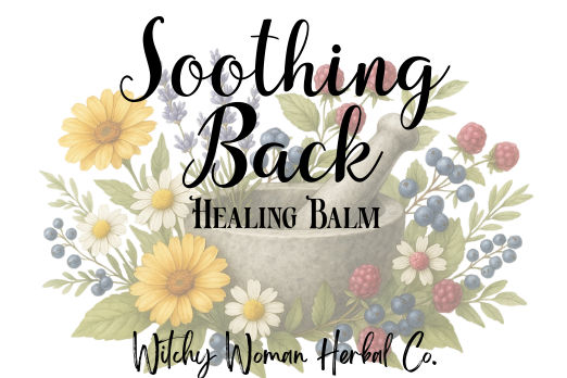 Soothing Back Healing Balm label with floral design and text on a white background