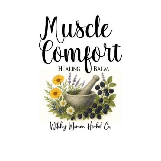 Label for Muscle Comfort Healing Balm with herbs and mortar and pestle on a white background