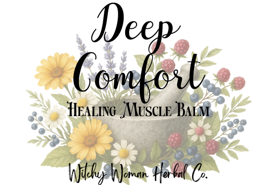 Label for 'Deep Comfort Healing Muscle Balm' by Witchy Woman Herbal Co. with floral design on a white background.