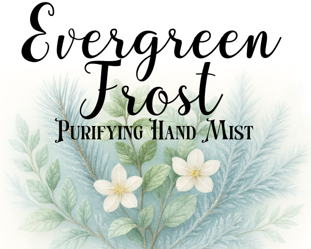 Product label for 'Evergreen Frost' purifying hand mist with botanical illustration and text.
