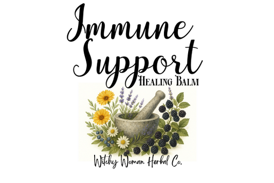 Immune Support Healing Balm label with herbs and mortar and pestle on a white background