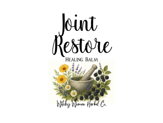 Label for 'Joint Restore Healing Balm' by Witchy Woman Herbal Co. with herbs and a mortar and pestle on a white background.