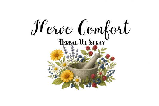 Herbal oil spray labeled 'Nerve Comfort' with a mortar and pestle and flowers on a white background.