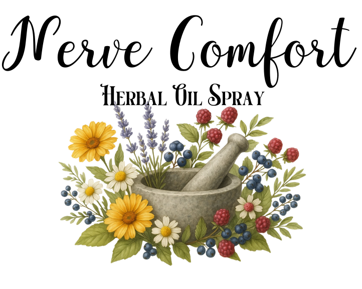 Herbal oil spray label with flowers and a pestle, featuring text about ingredients and usage.