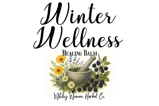 Winter Wellness Healing Balm label with herbs and flowers on a white background