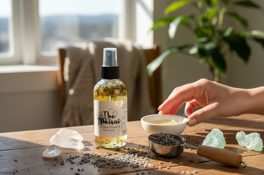 The Moirai Goddess Ritual Oil spray bottle with herbs, crystals, and a hand preparing a ritual on a wooden table.