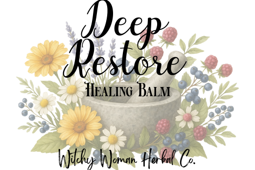 Deep Restore Healing Balm packaging with floral design and text on a white background