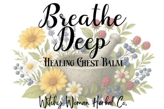 Breathe Deep Healing Chest Balm label with floral design and text on a white background