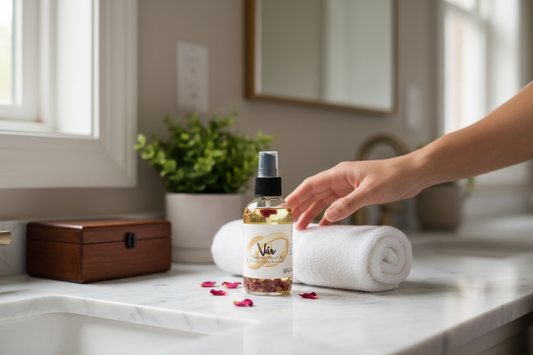 Var Goddess Ritual Oil bottle on a bathroom counter surrounded by a towel and decorative flowers.