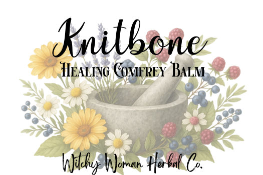 Knitbone Healing Comfrey Balm label with mortar and pestle and floral design on a white background
