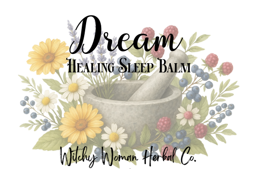 Logo for Dream Healing Sleep Balm by Witchy Woman Herbal Co. with a mortar and pestle and floral elements on a white background.