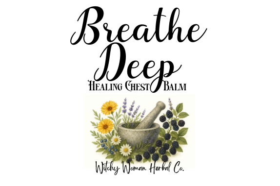 Breathe Deep Healing Chest Balm label with herbs and mortar and pestle on a white background