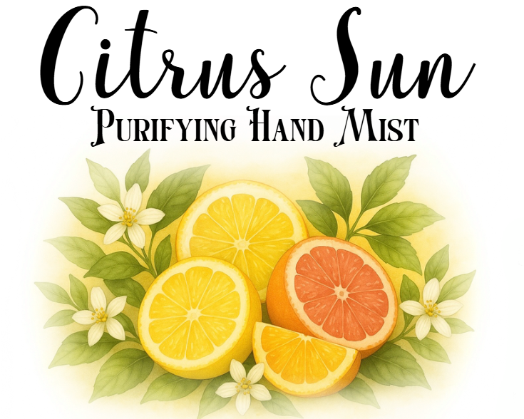 Label for Citrus Sun Purifying Hand Mist featuring sliced citrus fruits and leaves on a white background.