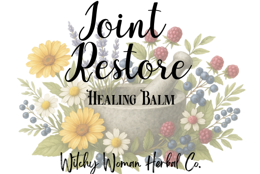 Label for 'Joint Restore Healing Balm' by Witchy Woman Herbal Co. with floral design on a white background.
