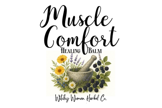 Label for 'Muscle Comfort Healing Balm' by Wildly Woman Herbal Co. with herbs and a mortar and pestle on a white background.