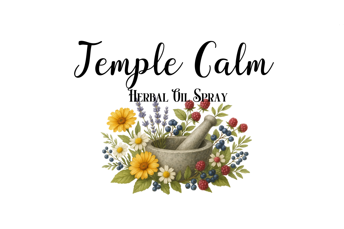 Logo for Temple Calm Herbal Oil Spray with a mortar and pestle and herbs on a white background