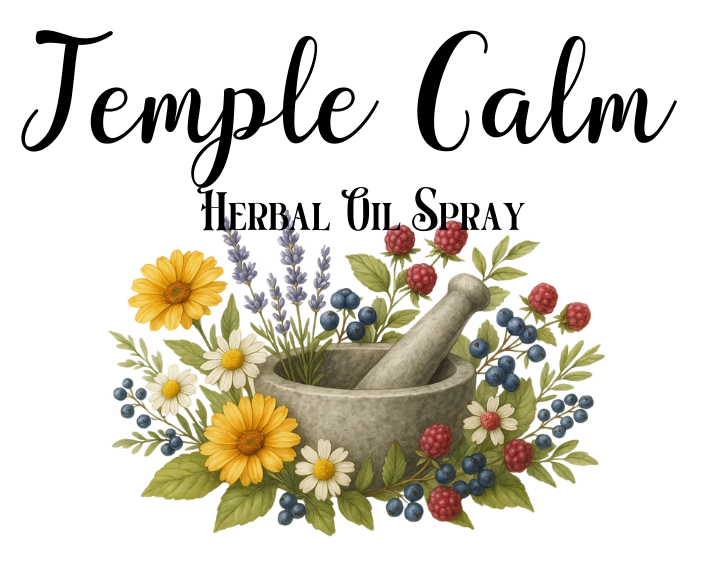 Herbal oil spray advertisement with flowers and a pestle and mortar.