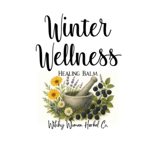 Label for 'Winter Wellness Healing Balm' by Wildly Woman Herbal Co. with herbs and a mortar and pestle on a white background.