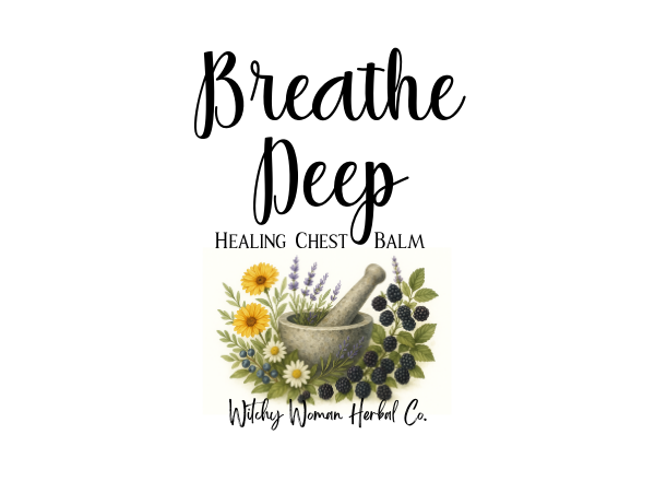Breathe Deep Healing Chest Balm label with herbs and mortar and pestle on a white background